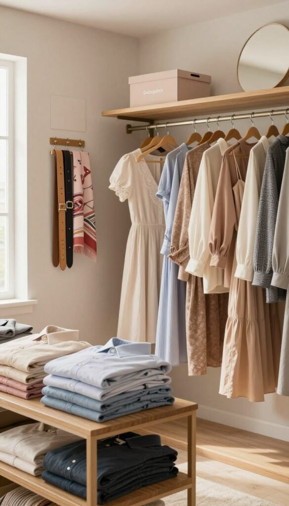 A stylish, organized closet showcasing a well-planned layout emphasizing different zones for various clothing categories. In the foreground, neatly folded shirts and sweaters fill wooden shelves, while the middle features hanging dresses and blouses in soft pastel colors. On one side, an elegant section showcases accessories like belts and scarves in aesthetically arranged boxes labeled 'Ordnungskiste'. The background is adorned with a soft, neutral-toned wall and a circular mirror that reflects the warm, natural lighting coming from a nearby window, creating a cozy and inviting atmosphere. The image captures a Pinterest-worthy aesthetic with a focus on harmony and order, promoting the idea of a structured closet space.
