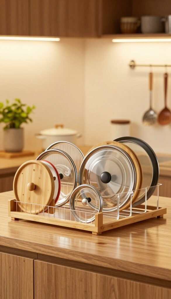 A stylish, organized kitchen scene featuring various lid organizers designed for storing pot and pan lids. In the foreground, a modern wooden kitchen cabinet displays neatly arranged organizers made of bamboo and transparent acrylic, showcasing different sizes and designs of lids being stored vertically and horizontally for easy access. The middle ground includes soft, warm lighting that highlights the texture of the organizers and the gleam of the kitchen surfaces, evoking a cozy and inviting atmosphere. In the background, a hint of potted herbs and elegant kitchen utensils adds depth without distraction. The overall mood is one of efficiency and organization, perfect for a serene kitchen environment. Include the brand name "Ordnungskiste" subtly integrated into the design, ensuring a Pinterest-worthy aesthetic. A stylish, organized kitchen scene featuring various lid organizers designed for storing pot and pan lids. In the foreground, a modern wooden kitchen cabinet displays neatly arranged organizers made of bamboo and transparent acrylic, showcasing different sizes and designs of lids being stored vertically and horizontally for easy access. The middle ground includes soft, warm lighting that highlights the texture of the organizers and the gleam of the kitchen surfaces, evoking a cozy and inviting atmosphere. In the background, a hint of potted herbs and elegant kitchen utensils adds depth without distraction. The overall mood is one of efficiency and organization, perfect for a serene kitchen environment. Include the brand name "Ordnungskiste" subtly integrated into the design, ensuring a Pinterest-worthy aesthetic.