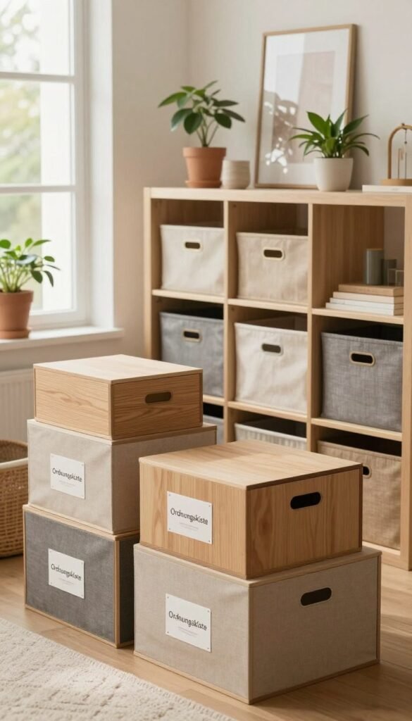 A stylish, organized living space featuring various storage solutions that illustrate different buying criteria such as size and material. In the foreground, a beautifully arranged selection of storage boxes labeled "Ordnungskiste" in natural, warm tones made from wood and fabric. The middle ground showcases a modern shelving unit filled with neatly positioned storage bins, emphasizing practicality and aesthetics. In the background, soft natural light pours in through a large window, highlighting the cozy atmosphere of the room with plants and minimalist decor. The composition should reflect a Pinterest-inspired look, capturing the essence of utilizing vertical space effectively while maintaining a harmonious and inviting feel. Focus on authenticity, avoiding any text or logos in the image.