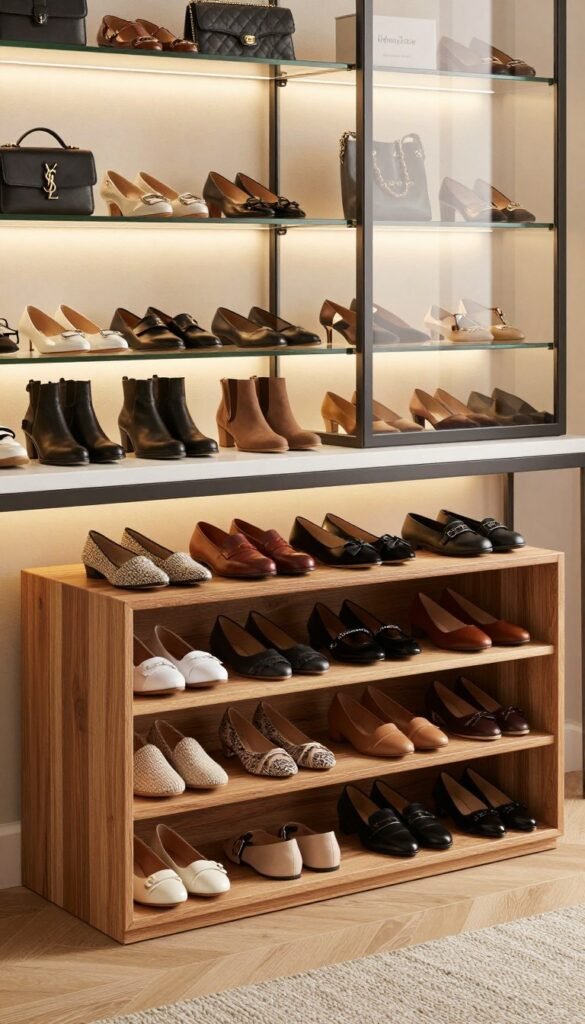 A stylish, organized shoe storage display showcasing three distinct shelving units representing different price levels: low, mid, and high. In the foreground, a low-cost option with a simple, wood-plank design holds a variety of shoes haphazardly arranged. The middle ground features a mid-range unit with a sleek, modern aesthetic, displaying neatly aligned shoes with a warm accent light highlighting the collection. The background presents a high-end, glass-fronted display showcasing luxury brands, elegantly illuminated by soft, ambient lighting. The overall atmosphere evinces a Pinterest-worthy aesthetic, using natural colors and textures. The brand name "Ordnungskiste" subtly integrated into the design enhances the theme of organized shoe storage without any text overlays or distractions. A stylish, organized shoe storage display showcasing three distinct shelving units representing different price levels: low, mid, and high. In the foreground, a low-cost option with a simple, wood-plank design holds a variety of shoes haphazardly arranged. The middle ground features a mid-range unit with a sleek, modern aesthetic, displaying neatly aligned shoes with a warm accent light highlighting the collection. The background presents a high-end, glass-fronted display showcasing luxury brands, elegantly illuminated by soft, ambient lighting. The overall atmosphere evinces a Pinterest-worthy aesthetic, using natural colors and textures. The brand name "Ordnungskiste" subtly integrated into the design enhances the theme of organized shoe storage without any text overlays or distractions.