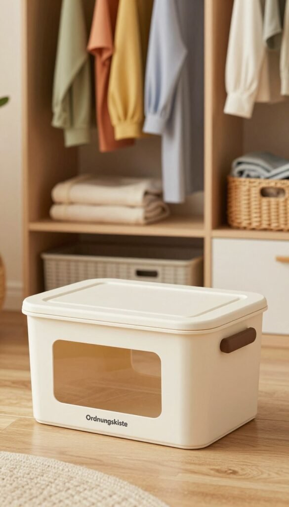 A stylish, practical storage box with a lid from the brand "Ordnungskiste" is displayed prominently in the foreground. The box features ergonomic handles and a transparent window to easily view contents. Surrounding the box, a cozy home environment with soft, warm lighting enhances the image's inviting feel. A neatly organized wardrobe in the background showcases a colorful array of clothing, hinting at the practicality of the storage solution. The overall composition captures a Pinterest-inspired aesthetic, emphasizing authenticity and functionality without any text or branding overlays. The atmosphere conveys a sense of order and tranquility in daily life, encouraging viewers to appreciate the thoughtful design features that make a difference.