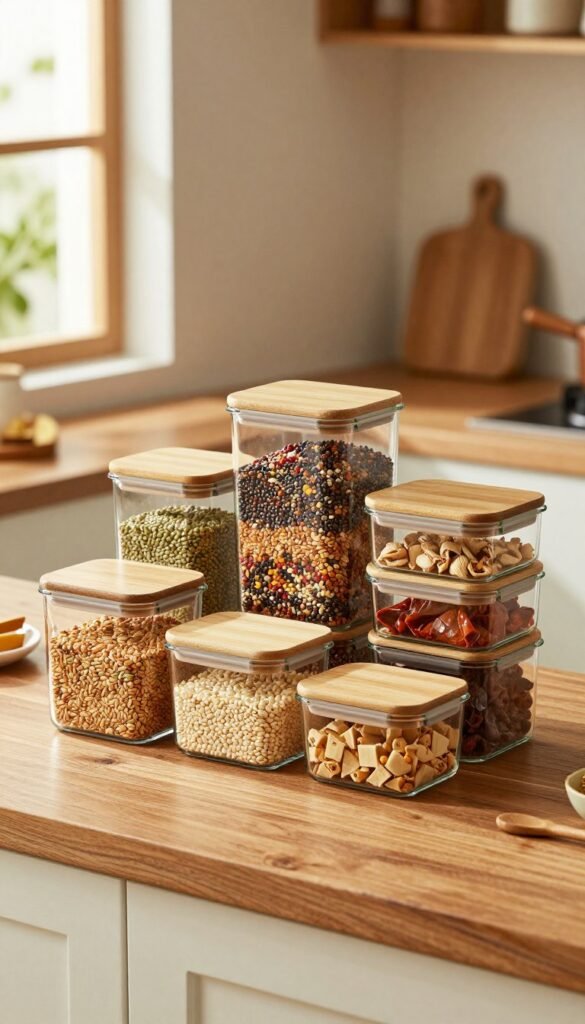 A stylish set of airtight storage containers arranged on a rustic wooden kitchen countertop, showcasing various sizes and shapes. The containers, made of clear glass with sleek bamboo lids, are filled with colorful grains, spices, and snacks, emphasizing organization and freshness. In the foreground, a softly illuminated space highlights the containers, while gentle, natural light streams in from a nearby window, casting warm reflections. In the background, subtle hints of greenery and soft-focus kitchen elements create a cozy, inviting atmosphere. The overall mood is one of warmth and practicality, ideal for demonstrating the blend of durability and convenience that mid-budget options provide.