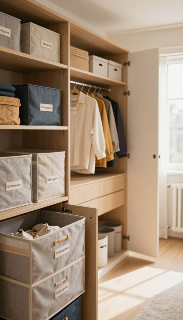 A stylish, spacious wardrobe filled with neatly organized fabric boxes labeled "Ordnungskiste," showcasing various sizes. The foreground features a close-up of well-designed storage solutions, emphasizing structure and functionality. In the middle ground, the wardrobe doors are slightly ajar, revealing carefully arranged clothing and accessories in warm, inviting colors, creating a cozy atmosphere. The background includes a softly lit room with natural light streaming in from a window, enhancing the overall warmth and authenticity of the scene. The focus is on harmony and practicality, embodying a Pinterest aesthetic. The angle is slightly tilted, capturing the depth of the wardrobe without any visual distractions.
