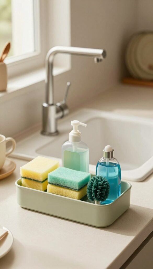 A stylish spülbecken organizer positioned in a modern kitchen setting. In the foreground, showcase the organizer filled with essential items like sponges, dish soap, and scrub brushes, arranged neatly for easy access. The middle ground features a sparkling clean sink with a sleek faucet, surrounded by freshly washed dishes. In the background, a warm, inviting kitchen ambiance is created by soft, natural lighting filtering through a nearby window, casting gentle shadows. The color palette consists of warm tones like beige, soft greens, and muted blues, contributing to a cozy yet functional atmosphere. This authentic, Pinterest-inspired image captures the essence of organization and practicality in everyday life, without any text or distractions. A stylish spülbecken organizer positioned in a modern kitchen setting. In the foreground, showcase the organizer filled with essential items like sponges, dish soap, and scrub brushes, arranged neatly for easy access. The middle ground features a sparkling clean sink with a sleek faucet, surrounded by freshly washed dishes. In the background, a warm, inviting kitchen ambiance is created by soft, natural lighting filtering through a nearby window, casting gentle shadows. The color palette consists of warm tones like beige, soft greens, and muted blues, contributing to a cozy yet functional atmosphere. This authentic, Pinterest-inspired image captures the essence of organization and practicality in everyday life, without any text or distractions.