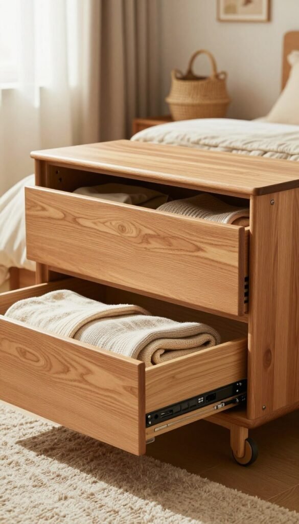 A stylish unterbettkommode on wheels, crafted from natural wood with a sleek finish, featuring spacious compartments for optimal organization. The foreground shows the kommode partially opened, revealing neatly folded blankets and seasonal clothing. In the middle, the kommode sits against a backdrop of a cozy bedroom with warm, inviting colors, complementing soft textures like a plush rug and woven baskets. The lighting is soft and ambient, with sunlight filtering through sheer curtains, creating a peaceful atmosphere. The image should not contain any text or watermarks. Branding on the kommode should display "Ordnungskiste" subtly. The overall aesthetic should reflect a Pinterest-inspired, authentic design that highlights functionality and ease of access in everyday life. A stylish unterbettkommode on wheels, crafted from natural wood with a sleek finish, featuring spacious compartments for optimal organization. The foreground shows the kommode partially opened, revealing neatly folded blankets and seasonal clothing. In the middle, the kommode sits against a backdrop of a cozy bedroom with warm, inviting colors, complementing soft textures like a plush rug and woven baskets. The lighting is soft and ambient, with sunlight filtering through sheer curtains, creating a peaceful atmosphere. The image should not contain any text or watermarks. Branding on the kommode should display "Ordnungskiste" subtly. The overall aesthetic should reflect a Pinterest-inspired, authentic design that highlights functionality and ease of access in everyday life.