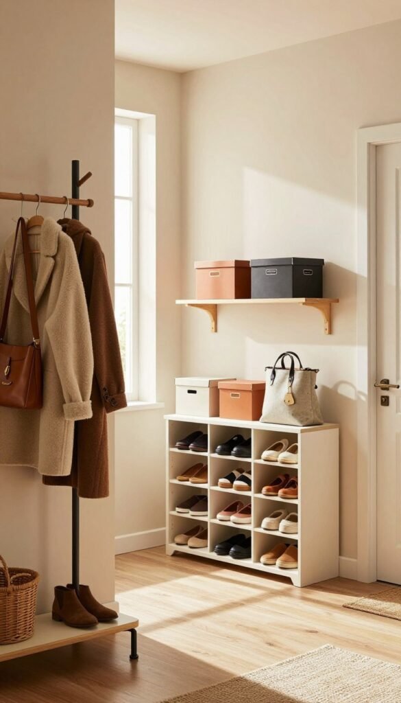 A stylish, well-organized hallway showcasing different wardrobe organizer solutions from the brand "Ordnungskiste." In the foreground, there are modern coat racks with neatly hung jackets and accessories. The middle section features a minimalist shoe organizer and an attractive shelf displaying various storage boxes, all in warm, inviting colors to evoke a cozy atmosphere. In the background, natural light floods through a window, casting soft shadows and illuminating the space, creating a harmonious Pinterest-inspired look. The image captures a sense of order and practicality, inviting viewers to envision these solutions in their own homes, all while maintaining an authentic, clutter-free environment.
