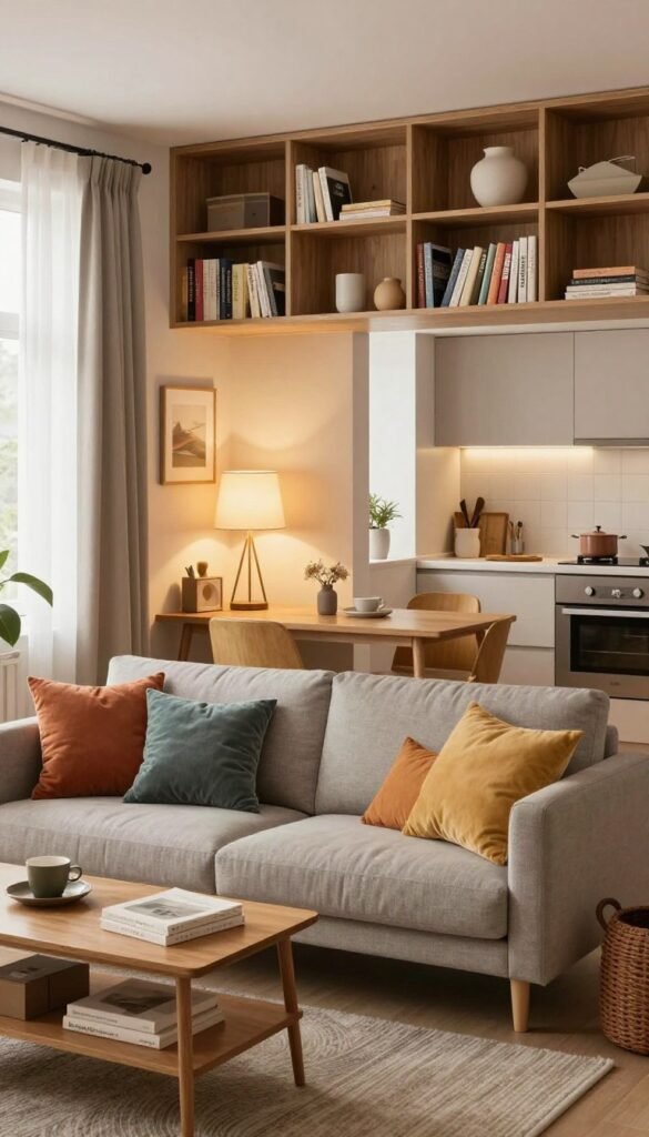 A stylish, well-organized small apartment showcasing clever storage solutions, with a focus on a cozy living area and multifunctional furniture. The foreground features a neatly arranged sofa with colorful cushions and a compact coffee table, surrounded by a bookshelf filled with books and decorative items. The middle layer includes a small dining table with two chairs, a chic lamp casting warm light, and an open kitchen area with minimalist cabinets. The background reveals a bright window with sheer curtains, allowing natural light to flood the space. The overall mood is inviting and efficient, reflecting a "Pinterest" aesthetic with warm colors. The brand "Ordnungskiste" is subtly integrated within the decor for a cohesive look. A stylish, well-organized small apartment showcasing clever storage solutions, with a focus on a cozy living area and multifunctional furniture. The foreground features a neatly arranged sofa with colorful cushions and a compact coffee table, surrounded by a bookshelf filled with books and decorative items. The middle layer includes a small dining table with two chairs, a chic lamp casting warm light, and an open kitchen area with minimalist cabinets. The background reveals a bright window with sheer curtains, allowing natural light to flood the space. The overall mood is inviting and efficient, reflecting a "Pinterest" aesthetic with warm colors. The brand "Ordnungskiste" is subtly integrated within the decor for a cohesive look.