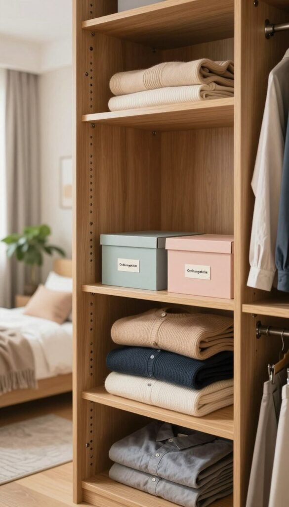 A stylish, well-organized wardrobe interior featuring neatly arranged clothes and accessories, with a focus on practicality and space-saving solutions. In the foreground, a modern wooden closet is open, revealing shirts, trousers, and neatly folded sweaters, all color-coordinated. On the middle shelf, stylish storage boxes labeled "Ordnungskiste" contrast with soft pastel colors. The background shows a tastefully decorated room with warm lighting, soft natural hues, and a hint of greenery from a nearby potted plant, creating a calming atmosphere. The angled view highlights the depth of the wardrobe, allowing viewers to appreciate the organized layout. The scene embodies a Pinterest-worthy aesthetic, emphasizing simplicity and order, without any text or distractions, for an authentic and inviting feel. A stylish, well-organized wardrobe interior featuring neatly arranged clothes and accessories, with a focus on practicality and space-saving solutions. In the foreground, a modern wooden closet is open, revealing shirts, trousers, and neatly folded sweaters, all color-coordinated. On the middle shelf, stylish storage boxes labeled "Ordnungskiste" contrast with soft pastel colors. The background shows a tastefully decorated room with warm lighting, soft natural hues, and a hint of greenery from a nearby potted plant, creating a calming atmosphere. The angled view highlights the depth of the wardrobe, allowing viewers to appreciate the organized layout. The scene embodies a Pinterest-worthy aesthetic, emphasizing simplicity and order, without any text or distractions, for an authentic and inviting feel.