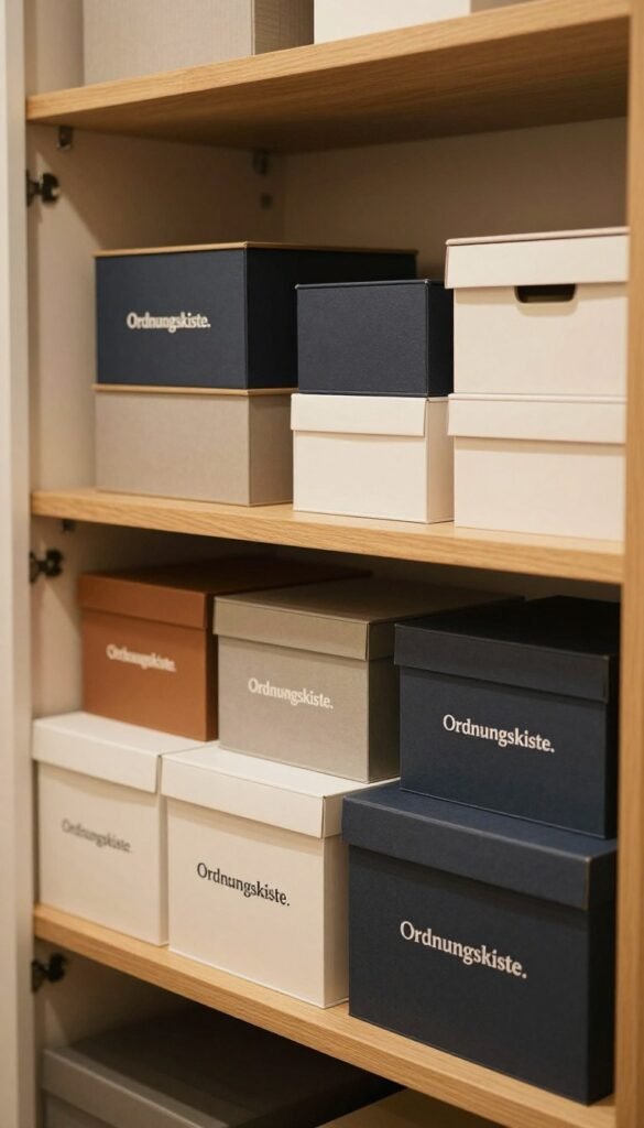 A stylishly organized closet interior showcasing various storage boxes, prominently featuring the brand name "Ordnungskiste." In the foreground, a selection of aesthetically pleasing, labeled storage boxes displayed on a wooden shelf, highlighting common mistakes made when choosing them, such as improper sizes and unattractive designs. The middle ground displays neatly stacked boxes with mismatched colors and styles, illustrating the chaos of poor storage choices. In the background, a softly lit closet space with warm, inviting tones and natural materials evokes a sense of harmony and organization. The scene should have a Pinterest-inspired look, with a cozy atmosphere created by warm lighting and a slightly blurred depth of field, capturing the essence of thoughtful storage solutions without any text or distractions. A stylishly organized closet interior showcasing various storage boxes, prominently featuring the brand name "Ordnungskiste." In the foreground, a selection of aesthetically pleasing, labeled storage boxes displayed on a wooden shelf, highlighting common mistakes made when choosing them, such as improper sizes and unattractive designs. The middle ground displays neatly stacked boxes with mismatched colors and styles, illustrating the chaos of poor storage choices. In the background, a softly lit closet space with warm, inviting tones and natural materials evokes a sense of harmony and organization. The scene should have a Pinterest-inspired look, with a cozy atmosphere created by warm lighting and a slightly blurred depth of field, capturing the essence of thoughtful storage solutions without any text or distractions.