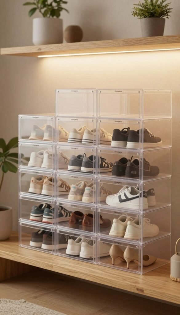 A stylishly organized collection of transparent, stackable shoe boxes from the brand "Ordnungskiste," beautifully arranged on a minimalist wooden shelf. The foreground features several clear boxes, showcasing various shoe sizes, including sleek sneakers and elegant heels, with a soft glow emanating from ambient lighting above. In the middle, a cozy, inviting atmosphere is created by warm, earthy colors that highlight the shoe boxes, enhancing their functionality and aesthetic appeal. The background includes softly blurred, natural elements like potted plants and textured walls, facilitating a Pinterest-worthy look. The image captures a sense of order and simplicity, with a focus on practicality and modern design, embodying the essence of space-saving solutions, all without any text or branding distractions.