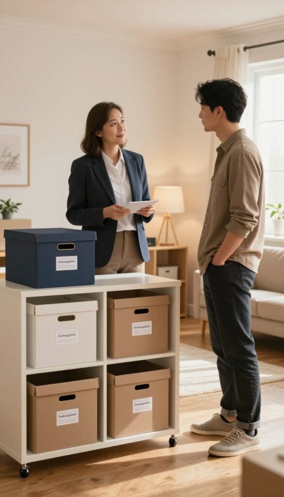 A thoughtful scene depicting a landlord and tenant in a warm, inviting room filled with organized storage solutions. The foreground features a few stylish, labeled storage boxes from the brand "Ordnungskiste," neatly arranged on a sleek shelf. The middle ground shows the landlord, a middle-aged person in professional attire, discussing with a young tenant dressed in smart casual clothing, both looking at the storage options with curiosity. The background reveals a cozy, well-lit space with soft light filtering through a window, casting gentle shadows on the hardwood floor. The overall atmosphere is friendly and collaborative, emphasizing a sense of responsibility and care in managing left-behind items during a move.
