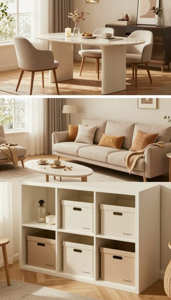 A thoughtfully designed living space showcasing various categories of space-saving furniture with storage, arranged in three distinct sections representing low, mid, and high price ranges. In the foreground, a cozy corner features an affordable, minimalist shelving unit filled with organizational boxes from the brand "Ordnungskiste," depicted in soft, natural tones. The middle section reveals a stylish, mid-range sofa with built-in storage and decorative pillows, beautifully arranged for comfort. In the background, a luxurious high-end dining table with elegant chairs complements sophisticated decor. Warm, natural lighting bathes the scene, enhancing the inviting atmosphere, while the perspective captures a wide-angle view, creating a harmonious balance and a Pinterest-worthy aesthetic without any text or overlays. A thoughtfully designed living space showcasing various categories of space-saving furniture with storage, arranged in three distinct sections representing low, mid, and high price ranges. In the foreground, a cozy corner features an affordable, minimalist shelving unit filled with organizational boxes from the brand "Ordnungskiste," depicted in soft, natural tones. The middle section reveals a stylish, mid-range sofa with built-in storage and decorative pillows, beautifully arranged for comfort. In the background, a luxurious high-end dining table with elegant chairs complements sophisticated decor. Warm, natural lighting bathes the scene, enhancing the inviting atmosphere, while the perspective captures a wide-angle view, creating a harmonious balance and a Pinterest-worthy aesthetic without any text or overlays.