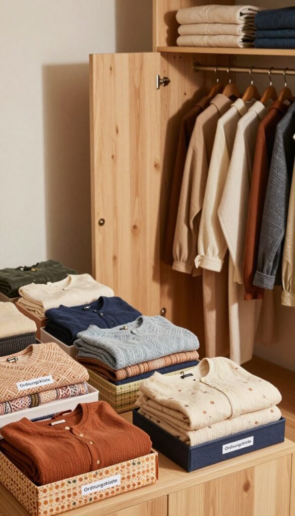 A thoughtfully organized closet showcasing the concept of "Ordnung kleidung," featuring various neatly folded clothing items in warm, natural colors. The foreground includes vibrant, patterned fabric boxes branded with "Ordnungskiste" that neatly store accessories and smaller garments. In the middle, a wooden closet with an open door reveals hanging clothes, all color-coordinated for an aesthetically pleasing effect. The background features a softly lit room with subtle shadows, enhancing the cozy atmosphere. Use natural lighting to create a warm glow, and a slightly elevated angle to highlight the closet&rsquo;s organized contents. The overall mood is serene and inviting, perfect for illustrating effective wardrobe organization without clutter.