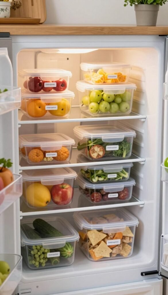 A tidy kitchen scene featuring a well-organized freezer filled with colorful food storage boxes from the brand "Ordnungskiste." In the foreground, focus on clear plastic containers with lids, neatly stacked and labeled, displaying fruits, vegetables, and prepared meals. The middle layer shows the freezer itself, with soft, warm lighting that highlights the freshness of the contents. In the background, cozy kitchen elements like a wooden countertop and a hint of a potted herb plant enhance the inviting atmosphere. The overall mood is calm and organized, capturing the efficiency and clarity that proper storage solutions bring, with a Pinterest-inspired aesthetic emphasizing natural colors and authenticity without any text or overlays.
