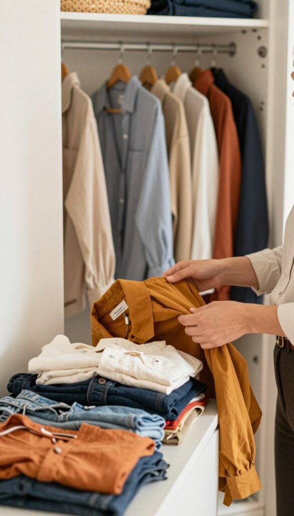 A tidy, well-organized bedroom closet scene, demonstrating the process of sorting clothing. In the foreground, a neatly piled assortment of various garments, including shirts, pants, and dresses, showcasing a vibrant color palette with warm tones. A pair of hands, dressed in professional attire, thoughtfully examines a clothing item, symbolizing the decision-making process involved in decluttering. The background features an open closet with hangers neatly arranged, displaying a visually appealing, organized collection of clothes. Soft, natural lighting illuminates the space, creating a warm ambiance reminiscent of a cozy home. The image embodies an authentic Pinterest-inspired aesthetic with an overall sense of calm and order, without any text or digital overlays. A subtle logo, "Ordnungskiste," is integrated within the closet design to enhance the professional atmosphere.
