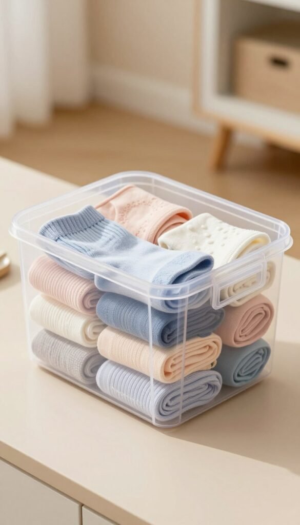 A transparent plastic storage box from the brand "Ordnungskiste," elegantly arranged on a soft, neutral-toned surface. The box is filled with neatly folded socks and underwear in pastel colors, showcasing an organized aesthetic. Soft, natural lighting bathes the scene, casting gentle shadows that enhance the texture of the plastic surface. In the background, a blurred, tidy room is visible, creating a cozy and inviting atmosphere, reminiscent of stylish Pinterest inspirations. The image is captured from a slightly elevated angle, providing a clear view of the contents while maintaining a focus on the box itself. The overall mood is warm, inviting, and practical, emphasizing efficient organization and a neat presentation.