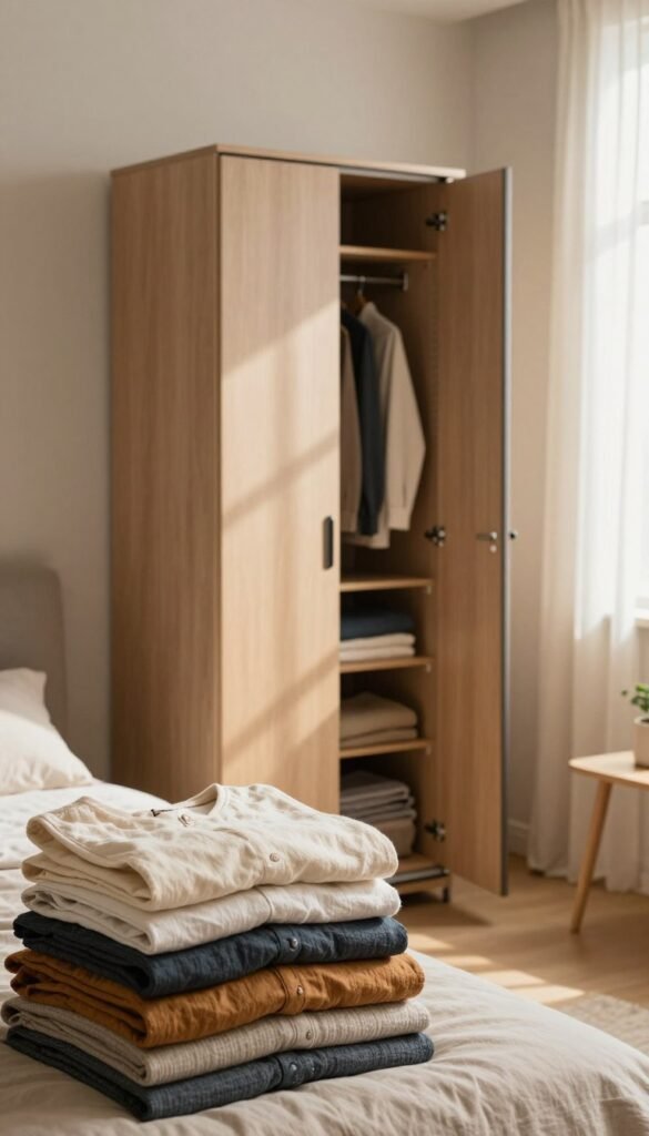 A vertical folding wardrobe from the brand "Ordnungskiste" displayed in a cozy, well-lit room. In the foreground, neatly folded clothes in warm, inviting colors are stacked inside the wardrobe, showcasing a variety of fabrics like cotton and linen. The middle ground features the wardrobe with a sleek, modern design, its doors slightly ajar to reveal the organized interior. Soft natural light filters in through a nearby window, casting gentle shadows and creating a serene atmosphere. In the background, a tastefully decorated room with neutral tones and minimalistic decor enhances the sense of order and calm. The overall mood is inviting and practical, encouraging efficient clothing organization.