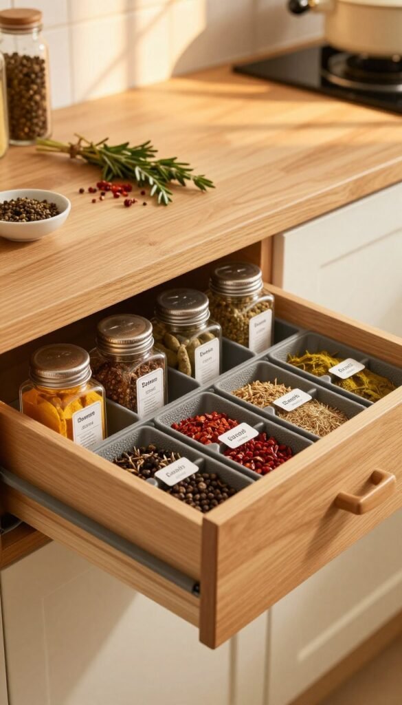 A vibrant and engaging kitchen scene showcasing a spice rack designed for drawers, emphasizing its anti-slip features. In the foreground, focus on an elegantly arranged spice organizer, highlighting textured non-slip surfaces that grip the drawer, with spices labeled clearly for easy visibility. The middle ground includes a cozy wooden kitchen table with natural elements, like herbs or small bowls of spices scattered around, enhancing the atmosphere. The background features warm ambient lighting filtering through window panes, creating a welcoming environment. Use a soft focus to add depth, with a slight overhead angle to capture the spice organization system effectively. The mood should be warm and inviting, portraying a sense of everyday practicality and aesthetic appeal. A vibrant and engaging kitchen scene showcasing a spice rack designed for drawers, emphasizing its anti-slip features. In the foreground, focus on an elegantly arranged spice organizer, highlighting textured non-slip surfaces that grip the drawer, with spices labeled clearly for easy visibility. The middle ground includes a cozy wooden kitchen table with natural elements, like herbs or small bowls of spices scattered around, enhancing the atmosphere. The background features warm ambient lighting filtering through window panes, creating a welcoming environment. Use a soft focus to add depth, with a slight overhead angle to capture the spice organization system effectively. The mood should be warm and inviting, portraying a sense of everyday practicality and aesthetic appeal.