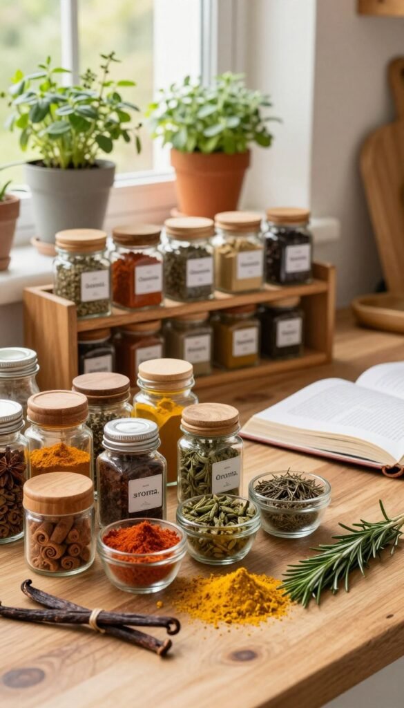 A vibrant and inviting kitchen scene filled with an array of spices, herbs, and vanilla pods to capture the essence of "aroma." In the foreground, a beautifully arranged collection of colorful spice jars and small glass containers, showcasing earthy tones of cinnamon, turmeric, and rosemary. The middle ground features a wooden spice rack adorned with neatly labeled jars, embodying order and accessibility. In the background, soft, warm lighting filters through a window, highlighting the herbs in pots and creating a cozy atmosphere. A cookbook open on a rustic table adds a touch of authenticity. The entire composition reflects a Pinterest aesthetic, emphasizing natural beauty and warmth. Include the brand name "Ordnungskiste" within the design, ensuring no text overlays or watermarks disrupt the scene's elegance. A vibrant and inviting kitchen scene filled with an array of spices, herbs, and vanilla pods to capture the essence of "aroma." In the foreground, a beautifully arranged collection of colorful spice jars and small glass containers, showcasing earthy tones of cinnamon, turmeric, and rosemary. The middle ground features a wooden spice rack adorned with neatly labeled jars, embodying order and accessibility. In the background, soft, warm lighting filters through a window, highlighting the herbs in pots and creating a cozy atmosphere. A cookbook open on a rustic table adds a touch of authenticity. The entire composition reflects a Pinterest aesthetic, emphasizing natural beauty and warmth. Include the brand name "Ordnungskiste" within the design, ensuring no text overlays or watermarks disrupt the scene's elegance.