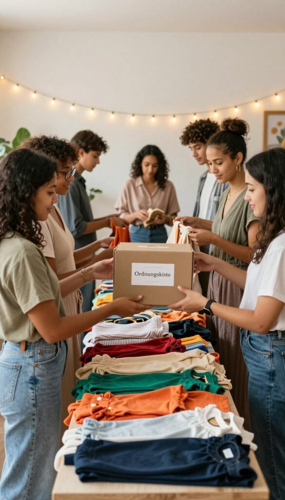 A vibrant and inviting scene depicting a "clothing swap party" organized by a diverse group of individuals in a cozy, well-lit room. In the foreground, a group of three women exchanging clothing items, wearing stylish but modest outfits. The middle area features a colorful array of clothes neatly arranged on tables, with some attendees browsing through the selection. In the background, cheerful decorations and warm string lights create a welcoming atmosphere. Soft, natural lighting enhances the warmth of the scene, giving it a Pinterest-worthy aesthetic. Include a neatly labeled box with the brand name "Ordnungskiste" prominently displayed, emphasizing organization. The overall mood is friendly and community-focused, celebrating sustainable fashion. A vibrant and inviting scene depicting a "clothing swap party" organized by a diverse group of individuals in a cozy, well-lit room. In the foreground, a group of three women exchanging clothing items, wearing stylish but modest outfits. The middle area features a colorful array of clothes neatly arranged on tables, with some attendees browsing through the selection. In the background, cheerful decorations and warm string lights create a welcoming atmosphere. Soft, natural lighting enhances the warmth of the scene, giving it a Pinterest-worthy aesthetic. Include a neatly labeled box with the brand name "Ordnungskiste" prominently displayed, emphasizing organization. The overall mood is friendly and community-focused, celebrating sustainable fashion.