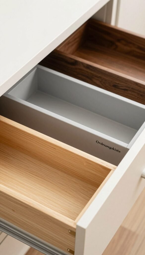 A vibrant and warm image showcasing the "Ordnungskiste" drawer insert system, focusing on three distinct quality classes: low, mid, and high. In the foreground, display a neatly organized drawer featuring the low-quality insert in a light-birch wood finish, slightly worn. In the middle, present a sleek mid-range insert made of durable material, exhibiting a modern design and functionality. In the background, highlight the premium high-quality insert, finished in a rich walnut color, showcasing elegance and craftsmanship. Soft, natural lighting illuminates the scene, creating an inviting and organized atmosphere. The overall composition should evoke a sense of order and sophistication, perfect for illustrating the comparative aspects of price and quality without any text or branding beyond the drawer insert itself. A vibrant and warm image showcasing the "Ordnungskiste" drawer insert system, focusing on three distinct quality classes: low, mid, and high. In the foreground, display a neatly organized drawer featuring the low-quality insert in a light-birch wood finish, slightly worn. In the middle, present a sleek mid-range insert made of durable material, exhibiting a modern design and functionality. In the background, highlight the premium high-quality insert, finished in a rich walnut color, showcasing elegance and craftsmanship. Soft, natural lighting illuminates the scene, creating an inviting and organized atmosphere. The overall composition should evoke a sense of order and sophistication, perfect for illustrating the comparative aspects of price and quality without any text or branding beyond the drawer insert itself.