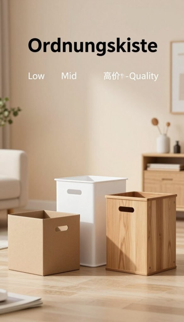A visually appealing and organized composition showcasing three distinct storage solutions labeled as "Ordnungskiste," representing low, mid, and high price-quality classes. In the foreground, feature three stylized storage boxes, each displaying different textures and materials: sturdy cardboard for low quality, sleek plastic for mid quality, and elegant wood for high quality. In the middle, a subtle gradient backdrop with warm, natural colors emphasizes the boxes, while soft lighting creates a cozy atmosphere. The background includes lightly blurred elements of a modern home setting, such as a minimalist living room or a well-arranged workshop, to enhance the authenticity of the scene. Capture the image from a slight angle to provide depth and dimension, evoking a sense of practicality and style, ideal for reflecting the section's theme without any text or captions.