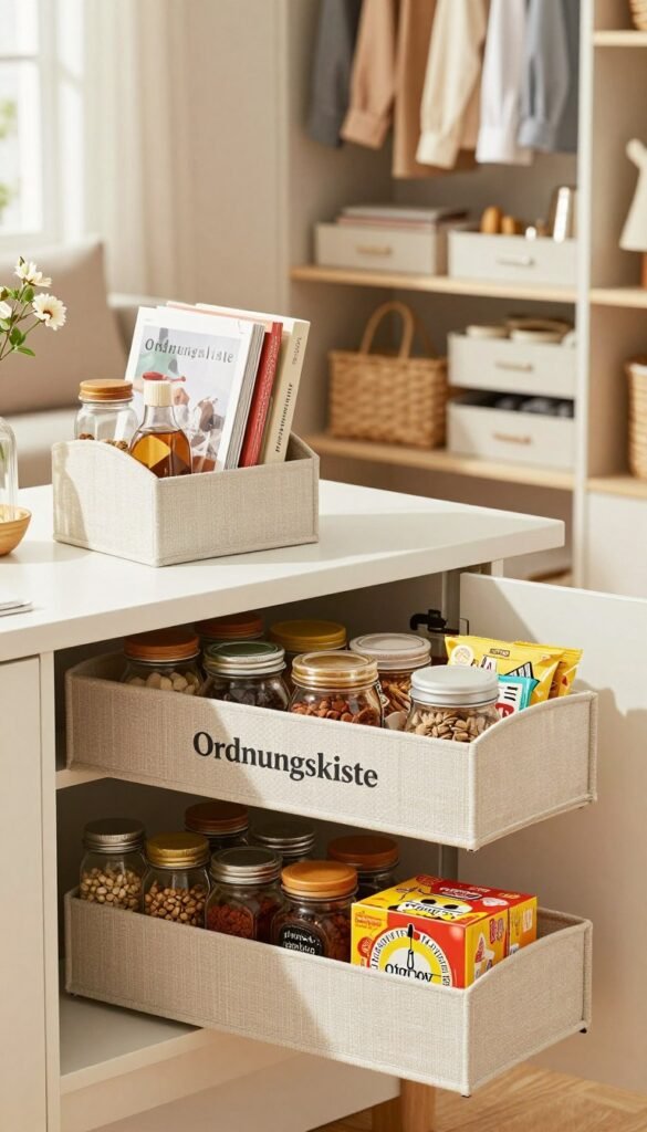A visually appealing and organized storage space highlighting various uses of "Ordnungskiste" organizers. In the foreground, display a neatly arranged kitchen pantry showcasing the organizers holding spices, jars, and snacks in a harmonious manner. The middle section features a cozy living room where the organizers are used for books, magazines, and decorative items, enhancing the atmosphere. In the background, a well-organized closet filled with clothing and accessories stored in the organizers, reflecting efficiency and accessibility. The lighting is soft and warm, with natural sunlight streaming in through a window, creating a welcoming ambiance. Use a focus that emphasizes the texture of the materials and the unique features of the organizers, capturing a Pinterest-style aesthetic without any text or branding overlays.