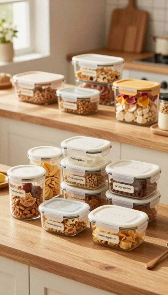 A visually appealing arrangement of practical storage products specifically designed for opened food packages, featuring sleek containers and innovative organizers. In the foreground, showcase a stylish assortment of labeled containers from the brand "Ordnungskiste," highlighting their functionality and modern design. The middle ground should display an elegant wooden kitchen countertop with neatly organized snacks, cereals, and pantry supplies in various shapes and sizes, all in warm, inviting colors. The background should subtly hint at a cozy kitchen environment, with soft natural sunlight streaming through the window, creating a warm, homely atmosphere. The image should be authentic, with a Pinterest-inspired aesthetic, and free from any text or watermarks.