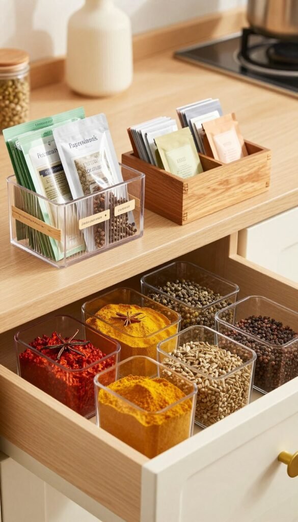 A visually appealing arrangement of spice organizers designed for drawers, showcasing various product formats including single units, sets, and complete packages. In the foreground, display elegant, clear containers filled with a variety of colorful spices like paprika, turmeric, and black pepper, each labeled distinctively. The middle ground features different styles of spice racks—some modular and stackable, others compact—highlighting their space-saving features. In the background, a stylish kitchen environment with warm, natural lighting creates a cozy atmosphere, emphasizing the practicality and aesthetic appeal of the products. Capture the scene with a slight overhead angle that enhances the organization and functionality, and elicits a warm, inviting feel, akin to a curated Pinterest board. A visually appealing arrangement of spice organizers designed for drawers, showcasing various product formats including single units, sets, and complete packages. In the foreground, display elegant, clear containers filled with a variety of colorful spices like paprika, turmeric, and black pepper, each labeled distinctively. The middle ground features different styles of spice racks—some modular and stackable, others compact—highlighting their space-saving features. In the background, a stylish kitchen environment with warm, natural lighting creates a cozy atmosphere, emphasizing the practicality and aesthetic appeal of the products. Capture the scene with a slight overhead angle that enhances the organization and functionality, and elicits a warm, inviting feel, akin to a curated Pinterest board.