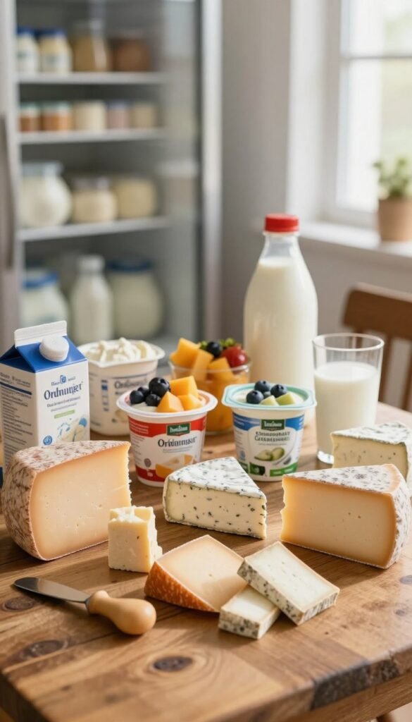A visually appealing arrangement of various dairy products, such as cheese blocks, yogurt containers, and milk cartons, presented on a rustic wooden table. In the foreground, place an assortment of cheese types in attractive wedges and slices, with small cheese knives. In the middle ground, include colorful yogurt cups with fresh fruit toppings and a glass of milk. In the background, softly blurred shelves or a refrigerator filled with neatly organized dairy items. The lighting should be warm and inviting, mimicking natural sunlight filtering in through a window, enhancing the cozy atmosphere. The composition has a Pinterest aesthetic, evoking authenticity and simplicity. Include the brand name "Ordnungskiste" subtly integrated into the scene without text overlays.