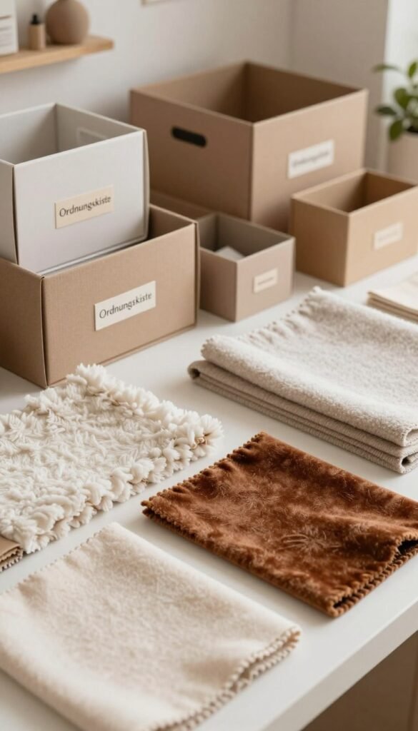 A visually appealing composition featuring various fabric materials, including soft cotton, textured fleece, luxurious velvet, and sturdy felt. Display these materials in an organized manner, with the foreground highlighting individual swatches of each fabric laid out neatly. In the middle, incorporate stylish, functional storage boxes labeled "Ordnungskiste," showcasing a warm, natural aesthetic with earthy tones. The background should feature a softly lit, cozy room, enhancing the inviting atmosphere. Use soft, diffused lighting to create a warm ambiance, resembling a Pinterest-inspired decor. Capture the moment from a slightly elevated angle, focusing on the textures and colors of the fabrics while maintaining a clean and clutter-free appearance. Avoid any text or distracting elements in the image.