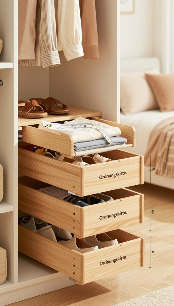 A visually appealing image of a modern wardrobe organizer under soft, warm lighting, showcasing various compartments for height, width, and depth measurements. In the foreground, a stylish wooden organizer branded with "Ordnungskiste," containing neatly arranged items such as folded clothes, shoes, and accessories. The middle area features a subtle measuring tape and a small notepad with scribbled dimensions, hinting at practical use. In the background, a softly blurred, cozy room with pastel colors and natural textures, enhancing the Pinterest aesthetic. The overall atmosphere is inviting and organized, radiating a sense of calm and efficiency, without any text or distractions. The angle captures the full length of the organizer, allowing viewers to appreciate its design and functionality.