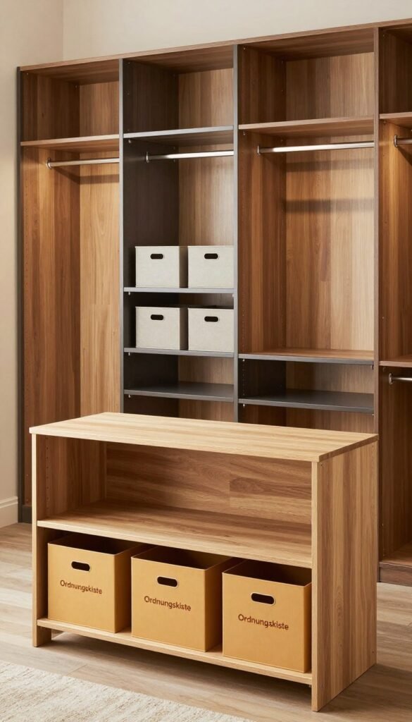 A visually appealing image of three distinct wardrobe systems categorized by price levels: low, mid, and high. In the foreground, showcase a low-priced wardrobe system with basic wooden shelves and simple storage boxes labeled "Ordnungskiste" in a warm, inviting color. In the middle ground, present a mid-range option featuring sleek metal and wood construction with stylish bins, elegantly organized for maximum efficiency. The background should illustrate a high-end wardrobe with polished finishes, ample lighting, and luxurious materials, conveying a sense of sophistication. Use soft, natural lighting to evoke a cozy atmosphere, reminiscent of Pinterest aesthetics. Capture this scene from a slightly elevated angle to emphasize the different styles while maintaining authenticity and clarity. No text or branding in the image, just the products themselves.