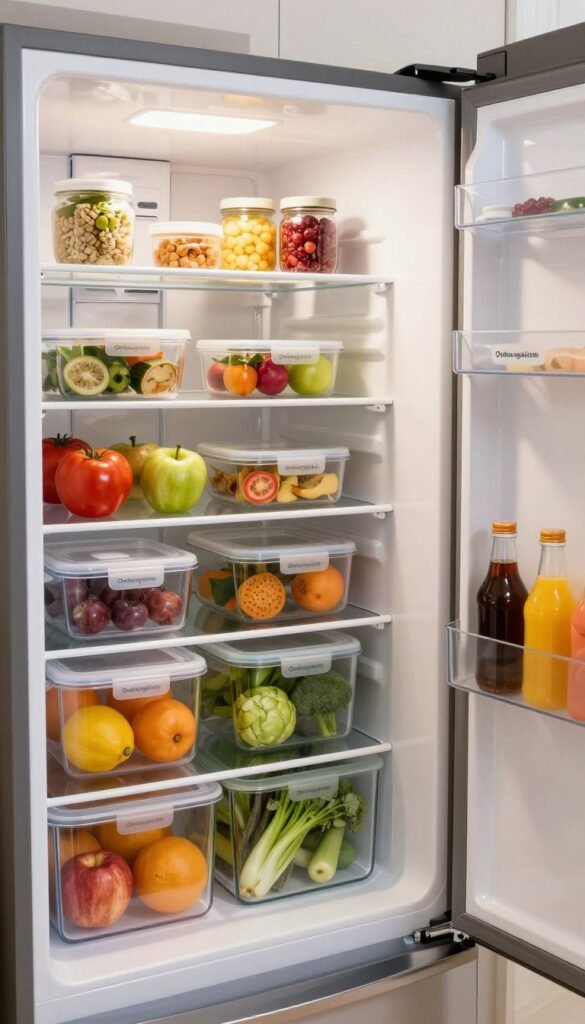 A visually appealing kitchen scene showcasing an organized refrigerator filled with a variety of fresh food items in proper storage systems. The foreground features labeled, transparent containers from the brand "Ordnungskiste" displaying fruits, vegetables, and leftovers, neatly arranged for easy access. In the middle ground, the refrigerator door is partially open, revealing neatly stacked jars and containers with vibrant colors. The background consists of a softly lit kitchen setting with warm lighting, creating an inviting atmosphere. Use a wide-angle lens to capture the whole scene, highlighting the importance of organization in daily life. The overall mood is fresh, clean, and homey, with a Pinterest-inspired aesthetic focusing on authenticity.