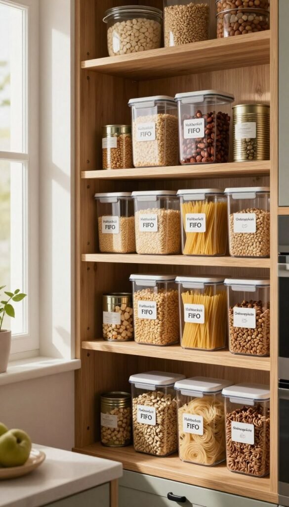 A visually appealing kitchen scene showcasing the concept of "Haltbarkeit FIFO" (First In, First Out) for food storage. In the foreground, a beautifully organized pantry with transparent containers labeled clearly. The middle ground features various food items like grains, pasta, and canned goods arranged in a neat order, adhering to the FIFO principle. The back wall of the pantry shelves displays a rustic design, made of light wood, enhancing the warm, inviting atmosphere. Soft, natural lighting filters in from a nearby window, creating gentle shadows and a cozy ambiance. The overall mood is one of organization and harmony. The image subtly incorporates the brand name "Ordnungskiste" through stylish design elements within the pantry. No text or watermarks are present.