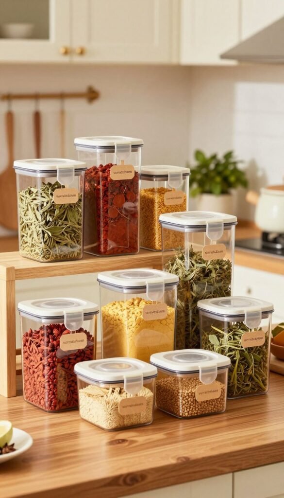 A visually appealing, organized kitchen scene featuring a variety of clear "vorratsdosen" (storage containers) filled with colorful spices, grains, and dried herbs. In the foreground, focus on a few stylish, modern containers with airtight lids, placed neatly on a wooden kitchen countertop. In the middle ground, showcase a small shelf adorned with different sizes of these containers, all labeled with elegant tags. In the background, a softly lit kitchen setting with light-colored cabinets and a hint of houseplants, adding warmth and a homely vibe. Use warm, natural lighting that evokes a cozy atmosphere, while maintaining a Pinterest-inspired aesthetic. The composition should be inviting, showcasing the practicality and elegance of these kitchen storage solutions. A visually appealing, organized kitchen scene featuring a variety of clear "vorratsdosen" (storage containers) filled with colorful spices, grains, and dried herbs. In the foreground, focus on a few stylish, modern containers with airtight lids, placed neatly on a wooden kitchen countertop. In the middle ground, showcase a small shelf adorned with different sizes of these containers, all labeled with elegant tags. In the background, a softly lit kitchen setting with light-colored cabinets and a hint of houseplants, adding warmth and a homely vibe. Use warm, natural lighting that evokes a cozy atmosphere, while maintaining a Pinterest-inspired aesthetic. The composition should be inviting, showcasing the practicality and elegance of these kitchen storage solutions.