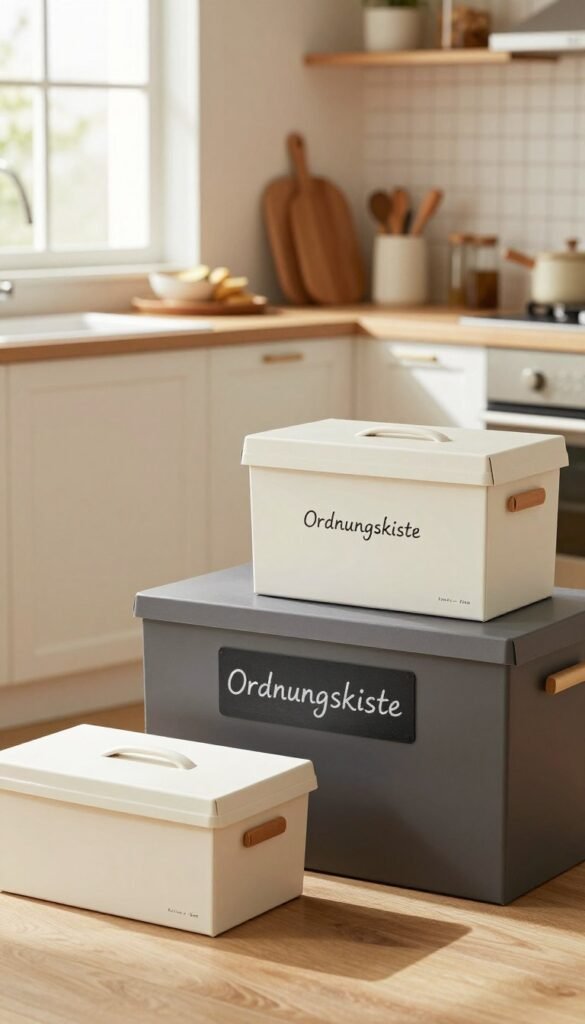 A visually appealing selection of kitchen boxes categorized by price level, showcasing low, mid, and high-budget options. The foreground features three distinct kitchen boxes: one simple and economical, one stylish and functional for mid-range buyers, and one premium, luxurious box with high-end materials. In the middle ground, a clean kitchen background with warm, inviting colors, reflecting a cozy and organized atmosphere. Natural light pours in through a window, illuminating the boxes and enhancing their textures. A chalkboard-style label reads "Ordnungskiste" subtly integrated into the scene. The overall mood conveys harmony and practicality, appealing to home organization enthusiasts, presented in a Pinterest-worthy aesthetic without any text or distractions.