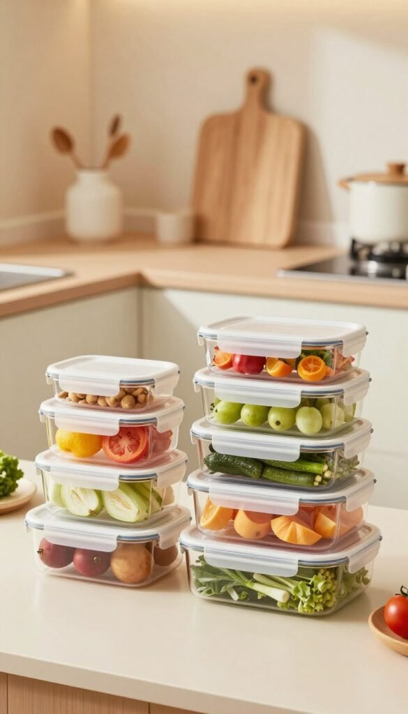 A visually appealing set of "Ordnungskiste" food storage containers is displayed prominently in the foreground, showcasing their sleek, modern design with airtight lids in a variety of sizes. The containers are filled with colorful, fresh ingredients like fruits, vegetables, and leftovers, emphasizing their functionality for systematic freezing. In the middle ground, a clean and organized kitchen counter is visible, adorned with subtle kitchen accessories. The background features soft, warm lighting that casts a gentle glow, creating an inviting atmosphere. The overall composition should evoke a sense of freshness and organization, highlighting the importance of efficient food storage solutions. The image should exhibit a Pinterest-inspired aesthetic, ensuring it feels authentic and engaging while remaining free of any text, watermarks, or overlays.