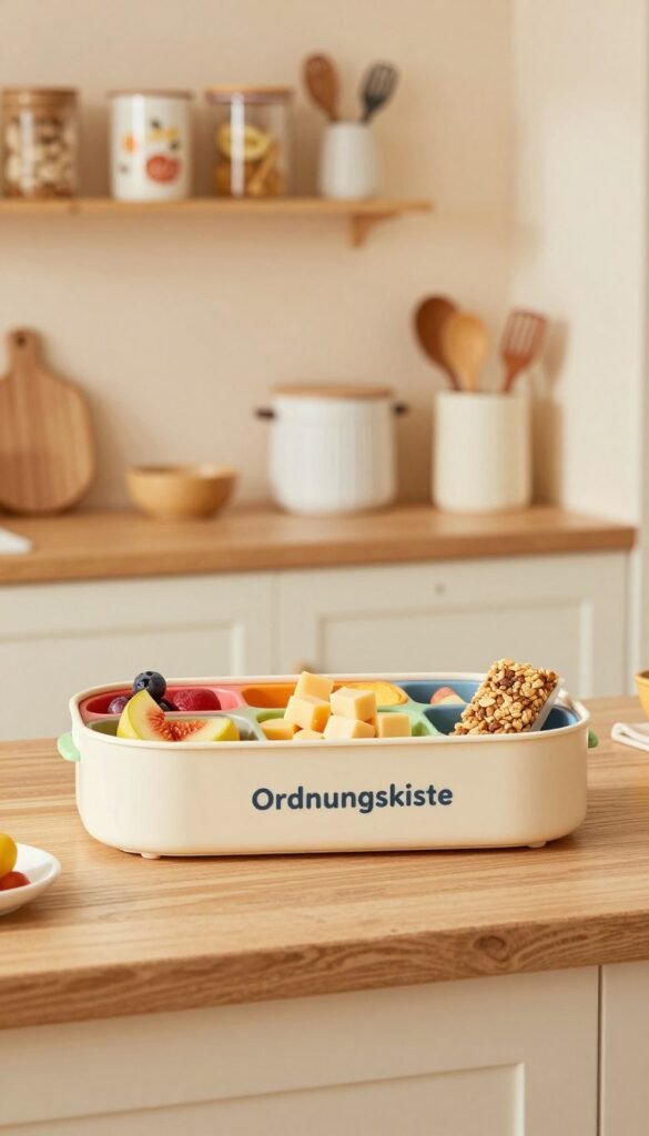 A visually appealing snackbox organizer, designed specifically for children's snacks, placed on a charming kitchen countertop. The foreground features a neatly arranged snackbox labeled "Ordnungskiste," showcasing colorful compartments filled with an assortment of healthy snacks such as fruit slices, cheese cubes, and granola bars. In the middle, a stylish kitchen setting with soft, natural lighting highlighting the wooden accents and pastel-colored walls. The background displays shelves with neatly organized containers and kitchen utensils, creating a warm, inviting atmosphere. The scene conveys a sense of order and creativity, embodying an ideal space for parents to maintain an organized kitchen without wasting space. Natural, warm colors enhance the Pinterest-worthy aesthetic.