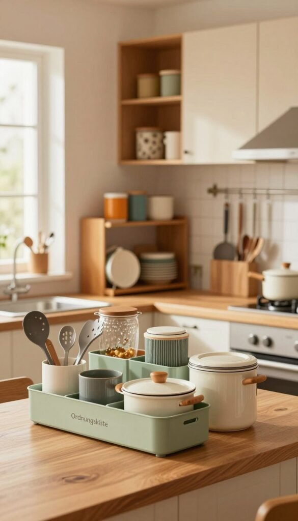 A visually captivating kitchen scene emphasizing order amidst chaos, featuring stylish organizers from the brand "Ordnungskiste." In the foreground, a countertop filled with neatly arranged kitchen tools such as utensils, pots, and containers, showcasing innovative storage solutions. The middle ground reveals a tidy kitchen shelf with vibrant colors and textures, enhancing the aesthetic appeal, while cabinets are organized yet spacious, inviting functionality and warmth. In the background, soft, natural light streams through a window, illuminating the warm hues of the wooden surfaces, creating a cozy atmosphere. The overall mood is serene yet practical, reflecting how effective organization can mitigate kitchen clutter without compromising style. The scene captures the essence of effective kitchen helpers, focusing on their beauty and functionality, all while remaining authentically Pinterest-inspired, free from text or distractions.