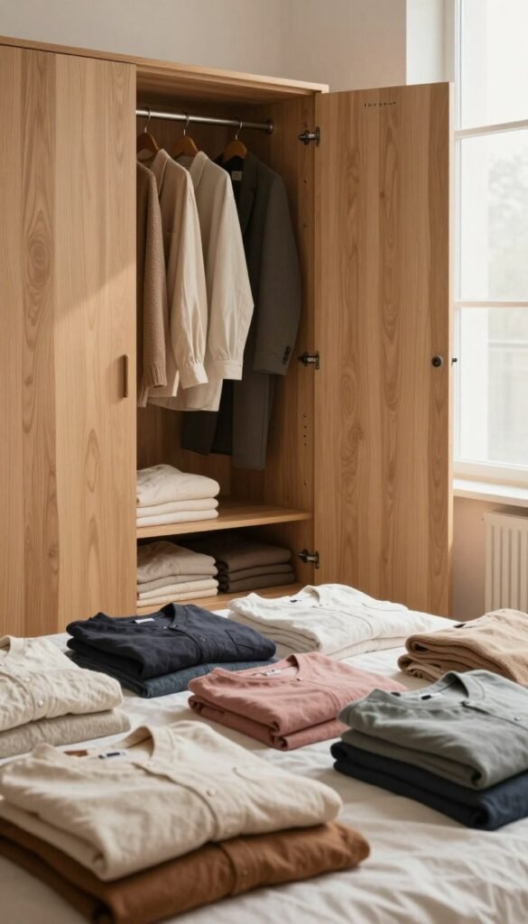 A visually striking arrangement showcasing the concept of "farben" in a minimalist wardrobe. In the foreground, a selection of neatly folded garments in a harmonious color palette of earthy tones, soft pastels, and neutral shades; textures should include cotton, linen, and wool. The middle layer features a minimalist, elegant wooden wardrobe partially open, revealing organized compartments filled with coordinated clothing. In the background, soft, natural lighting filters through a large window, casting gentle shadows and creating a warm atmosphere. The scene exudes authenticity and tranquility, reflecting a Pinterest-inspired aesthetic. Subtly display the brand name "Ordnungskiste" on the wardrobe or a nearby label, ensuring the image remains free of text overlays or watermarks, capturing the essence of Kombinierbarkeit and Farbpalette.