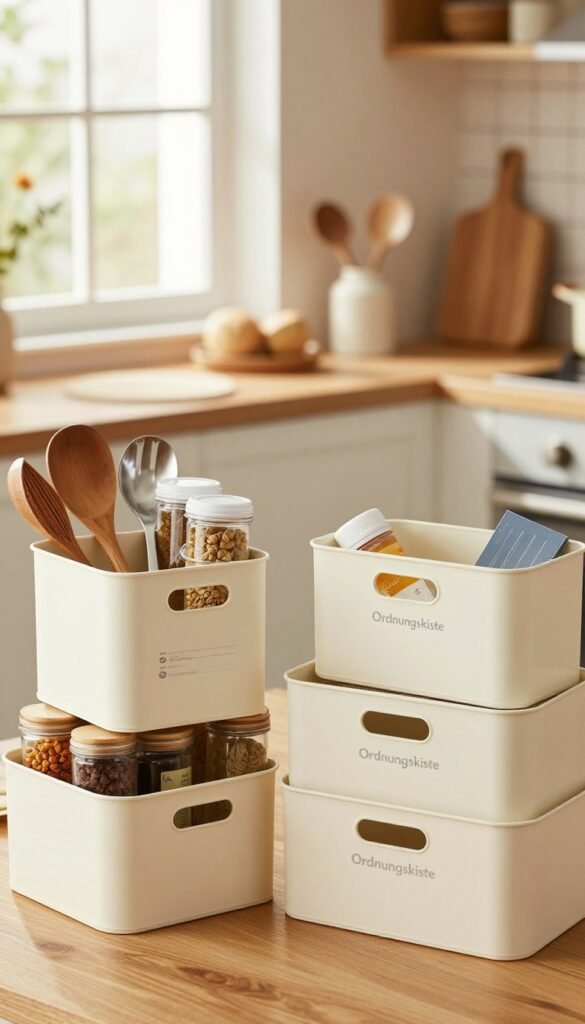 A visually striking comparison of various kitchen storage boxes, set against a warm, inviting kitchen backdrop. In the foreground, showcase a range of stylish kitchen boxes from the brand "Ordnungskiste," each labeled subtly to represent their advantages and disadvantages in usability. On one side, a well-organized box containing cooking utensils and spices highlights advantages like efficiency and accessibility, while on the opposite side, a cluttered box with mismatched items illustrates disadvantages like space wastage. The middle ground features a cozy kitchen scene with natural light pouring in through a window, enhancing the warm color palette. Capture the essence of modern kitchen organization with an authentic Pinterest-inspired look, focusing on aesthetics and functionality. No text overlays or captions.