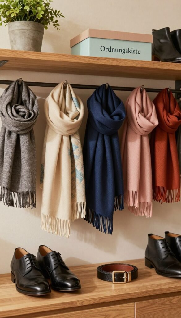 A visually striking composition featuring an organized display of shoes, belts, and scarves, all neatly arranged to showcase effective storage solutions. In the foreground, a pair of elegant leather shoes and a stylish belt are placed on a clean, wooden surface. The middle section features a variety of colorful scarves artfully draped and hung, demonstrating creative organization methods. In the background, soft, warm lighting creates a cozy atmosphere, illuminating the items and adding subtle shadows for depth. The scene is styled with a Pinterest-like aesthetic, incorporating natural elements such as potted plants or decorative boxes labeled "Ordnungskiste" in soft, unobtrusive colors to enhance the theme of tidy living. A professional, calm mood is conveyed through the harmonious arrangement and inviting color palette.