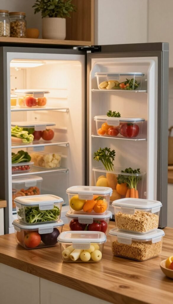 A visually striking kitchen scene highlighting the correct storage of various foods in organized, labeled containers. In the foreground, showcase clear containers filled with fresh vegetables, fruits, and grains, meticulously arranged on a vibrant wooden countertop. The middle ground should feature a subtly opened refrigerator with a soft light illuminating neatly stored meal prep containers, a few herbs, and covered leftovers, suggesting freshness. In the background, a warm, inviting kitchen ambiance with soft lighting casts gentle shadows, enhancing the cozy atmosphere. The overall mood is wholesome and nurturing, embodying the importance of proper food storage while highlighting the aesthetic appeal of an organized kitchen. The image emphasizes natural colors, reminiscent of a Pinterest-worthy space, making it both educational and visually pleasing. A visually striking kitchen scene highlighting the correct storage of various foods in organized, labeled containers. In the foreground, showcase clear containers filled with fresh vegetables, fruits, and grains, meticulously arranged on a vibrant wooden countertop. The middle ground should feature a subtly opened refrigerator with a soft light illuminating neatly stored meal prep containers, a few herbs, and covered leftovers, suggesting freshness. In the background, a warm, inviting kitchen ambiance with soft lighting casts gentle shadows, enhancing the cozy atmosphere. The overall mood is wholesome and nurturing, embodying the importance of proper food storage while highlighting the aesthetic appeal of an organized kitchen. The image emphasizes natural colors, reminiscent of a Pinterest-worthy space, making it both educational and visually pleasing.