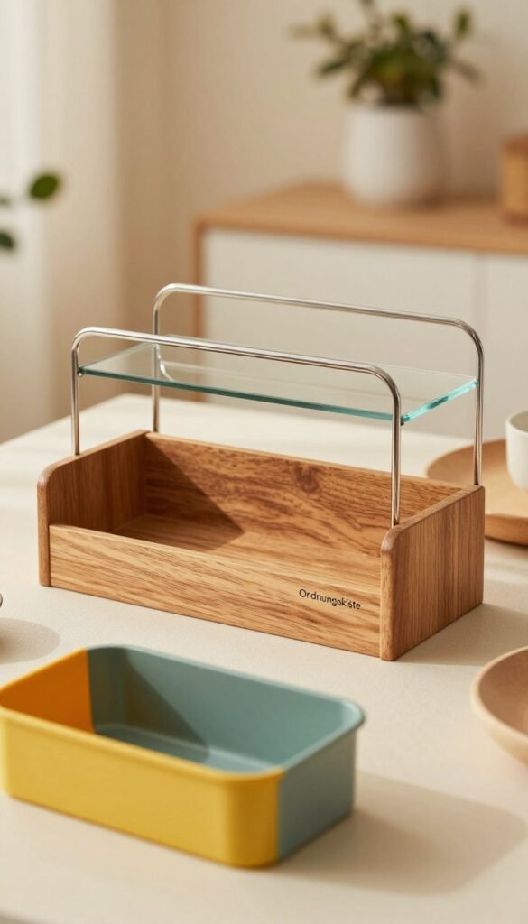 A visually striking still-life composition showcasing three distinct categories of household organizers labeled as "Ordnungskiste": a low-cost option made of simple plastic, a mid-range organizer crafted from stylish wood, and a high-end luxury version featuring sleek glass and metal finishes. In the foreground, the low-cost option is slightly out of focus, emphasizing its utility with vibrant and practical colors. The middle layer presents the mid-range organizer, showcasing elegant design and textures, illuminated by soft, warm lighting that highlights its features. The background includes a subtle, blurred homely setting with soft natural elements and gentle bokeh to create an inviting atmosphere, reflecting a Pinterest-inspired aesthetic. The overall mood is warm, inviting, and organized, embodying the blend of quality and affordability without any text or elements that distract from the main focus.