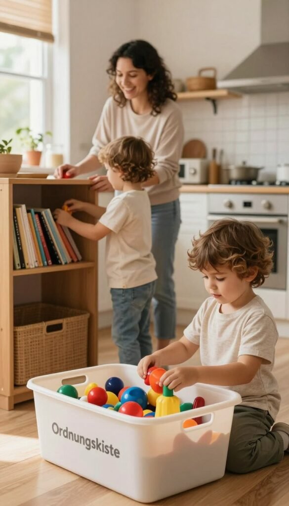 A warm and inviting family kitchen scene, where children are happily engaged in organizing household items, reflecting cooperation and fun. In the foreground, a young child is sorting colorful toys into a neatly labeled bin from "Ordnungskiste." The middle ground features a cheerful parent guiding another child as they arrange books on a shelf, both wearing modest casual clothes. The background showcases a well-organized kitchen with soft natural lighting streaming through a window, enhancing the cozy atmosphere. The overall mood is harmonious and encouraging, emphasizing the joy of involving children in household tasks. The image embodies an aesthetically pleasing Pinterest-like style with earthy tones, creating a sense of structure and warmth without any text or labels. A warm and inviting family kitchen scene, where children are happily engaged in organizing household items, reflecting cooperation and fun. In the foreground, a young child is sorting colorful toys into a neatly labeled bin from "Ordnungskiste." The middle ground features a cheerful parent guiding another child as they arrange books on a shelf, both wearing modest casual clothes. The background showcases a well-organized kitchen with soft natural lighting streaming through a window, enhancing the cozy atmosphere. The overall mood is harmonious and encouraging, emphasizing the joy of involving children in household tasks. The image embodies an aesthetically pleasing Pinterest-like style with earthy tones, creating a sense of structure and warmth without any text or labels.