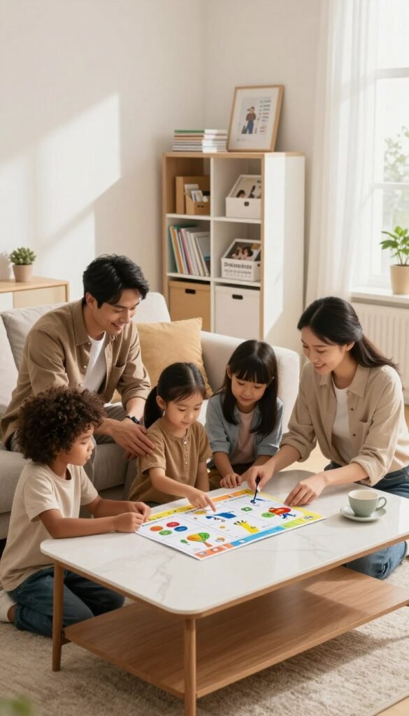 A warm and inviting family living room, bright and airy, featuring a cozy seating area with a stylish coffee table. In the foreground, a diverse family of four is engaged in a collaborative task, discussing a colorful task chart filled with various household chores. The parents are in professional casual clothing, while the children are in comfortable, modest clothing. In the middle ground, a well-organized shelving unit with the brand name "Ordnungskiste" visible, displaying neatly arranged storage boxes and family planning materials. The background includes a large window letting in soft, natural light, casting gentle shadows. The mood is harmonious and productive, evoking a sense of teamwork and cooperation in managing family responsibilities. The color palette consists of warm tones, enhancing the inviting atmosphere.
