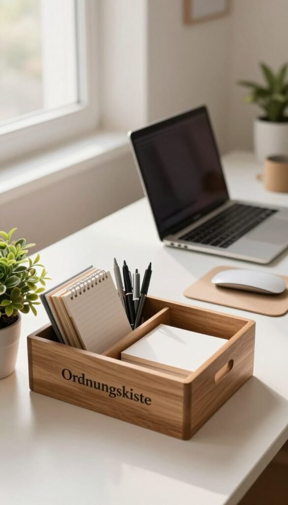 A warm and inviting home office desk scene features a neatly organized "Ordnungskiste" desk organizer made of natural wood. In the foreground, the organizer is filled with essential office supplies: pens, notepads, and a small potted plant, all arranged harmoniously. The middle ground showcases a laptop placed on a clean, clutter-free desk surface, complemented by a simple, stylish mouse pad. In the background, soft natural light streams through a window, casting a gentle glow over the workspace, enhancing the cozy atmosphere. The overall mood reflects productivity and calm, with an aesthetic reminiscent of Pinterest interiors, emphasizing minimalism and functionality. No text or distractions are present in the image to maintain focus on the elegance of the organized desk space. A warm and inviting home office desk scene features a neatly organized "Ordnungskiste" desk organizer made of natural wood. In the foreground, the organizer is filled with essential office supplies: pens, notepads, and a small potted plant, all arranged harmoniously. The middle ground showcases a laptop placed on a clean, clutter-free desk surface, complemented by a simple, stylish mouse pad. In the background, soft natural light streams through a window, casting a gentle glow over the workspace, enhancing the cozy atmosphere. The overall mood reflects productivity and calm, with an aesthetic reminiscent of Pinterest interiors, emphasizing minimalism and functionality. No text or distractions are present in the image to maintain focus on the elegance of the organized desk space.
