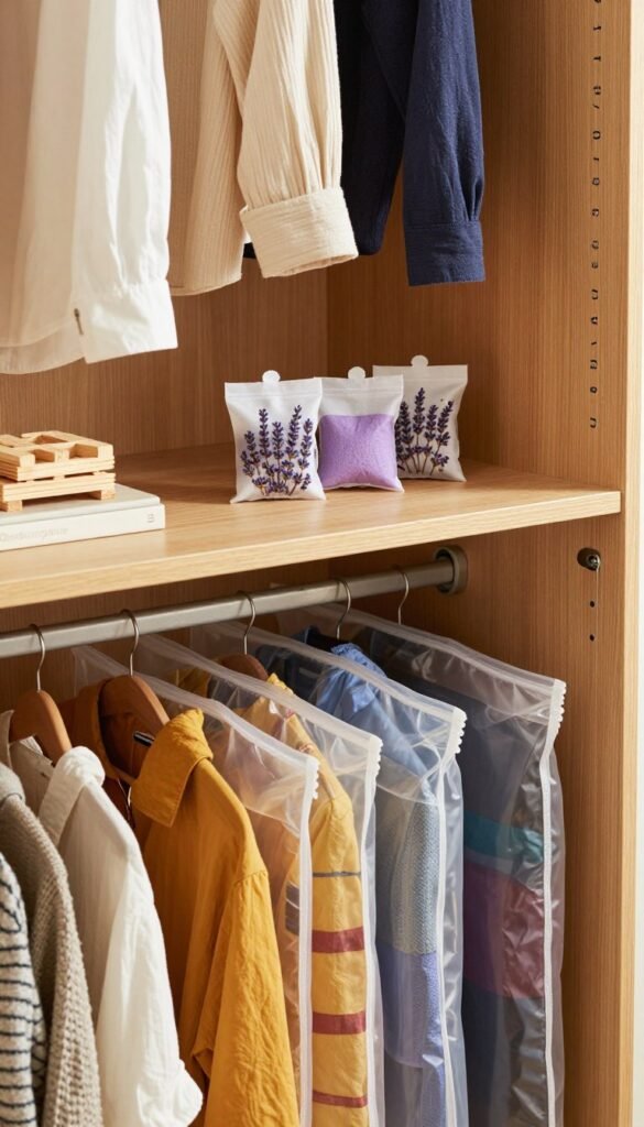 A warm and inviting image of a beautiful storage solution for clothes, emphasizing moth protection. In the foreground, a neatly organized wooden wardrobe with stylish clothing and transparent garment bags, showcasing vibrant colors and textures. The middle ground features an elegant display of moth repellents, such as cedar blocks and lavender sachets, arranged aesthetically alongside the clothing. In the background, soft natural light cascades through a window, illuminating the scene and creating a cozy atmosphere. The setting should reflect an organized space that embodies simplicity and order, in a Pinterest-inspired style. Include subtle branding for "Ordnungskiste" integrated into the wardrobe design, ensuring it remains unobtrusive and harmonious with the overall image. Aim for a serene and practical mood focused on clothing care and protection. A warm and inviting image of a beautiful storage solution for clothes, emphasizing moth protection. In the foreground, a neatly organized wooden wardrobe with stylish clothing and transparent garment bags, showcasing vibrant colors and textures. The middle ground features an elegant display of moth repellents, such as cedar blocks and lavender sachets, arranged aesthetically alongside the clothing. In the background, soft natural light cascades through a window, illuminating the scene and creating a cozy atmosphere. The setting should reflect an organized space that embodies simplicity and order, in a Pinterest-inspired style. Include subtle branding for "Ordnungskiste" integrated into the wardrobe design, ensuring it remains unobtrusive and harmonious with the overall image. Aim for a serene and practical mood focused on clothing care and protection.
