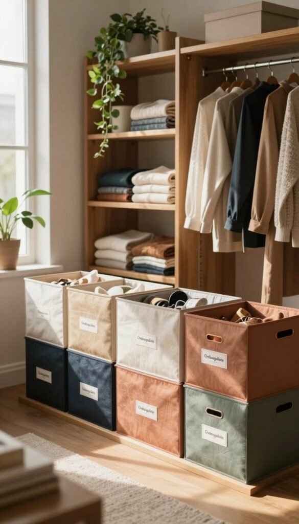 A warm and inviting interior scene showcasing a stylish and organized closet filled with various "Ordnungskiste" storage boxes. In the foreground, a neatly arranged row of colorful boxes with labels&mdash;each representing a category like seasonal clothing or accessories. The middle ground features well-folded clothes and neatly hung garments, demonstrating an efficient use of space. The background captures soft, natural light filtering through a nearby window, casting gentle shadows on wooden shelves lined with plants and decor. The atmosphere is calm and harmonious, perfect for illustrating an orderly lifestyle. The overall color palette includes warm tones and earthy accents, evoking a sense of authenticity and modern living.